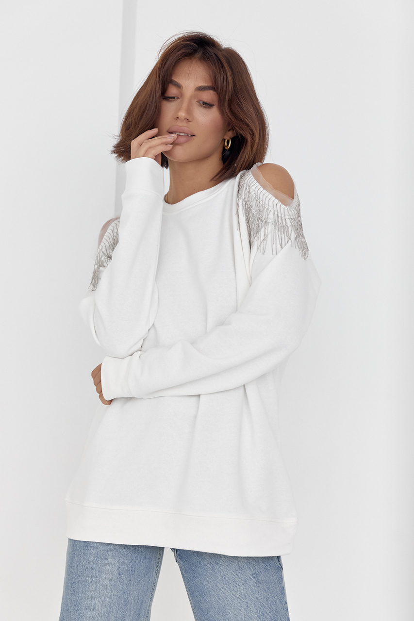 Жіноча кофта oversize з вирізами на плечах - молочний колір, ONE SIZE 1