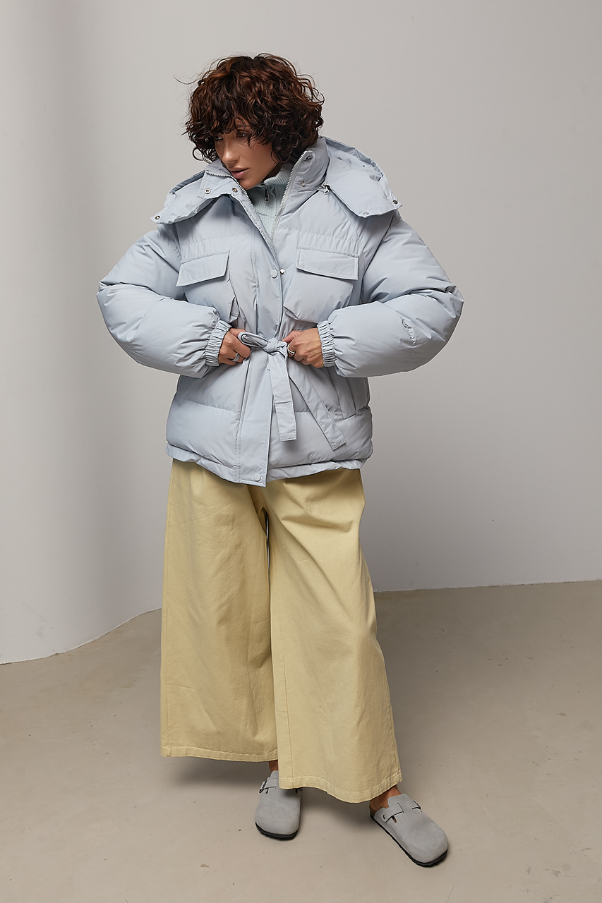 Стьобана куртка з поясом та капюшоном - сірий колір, ONE SIZE 3