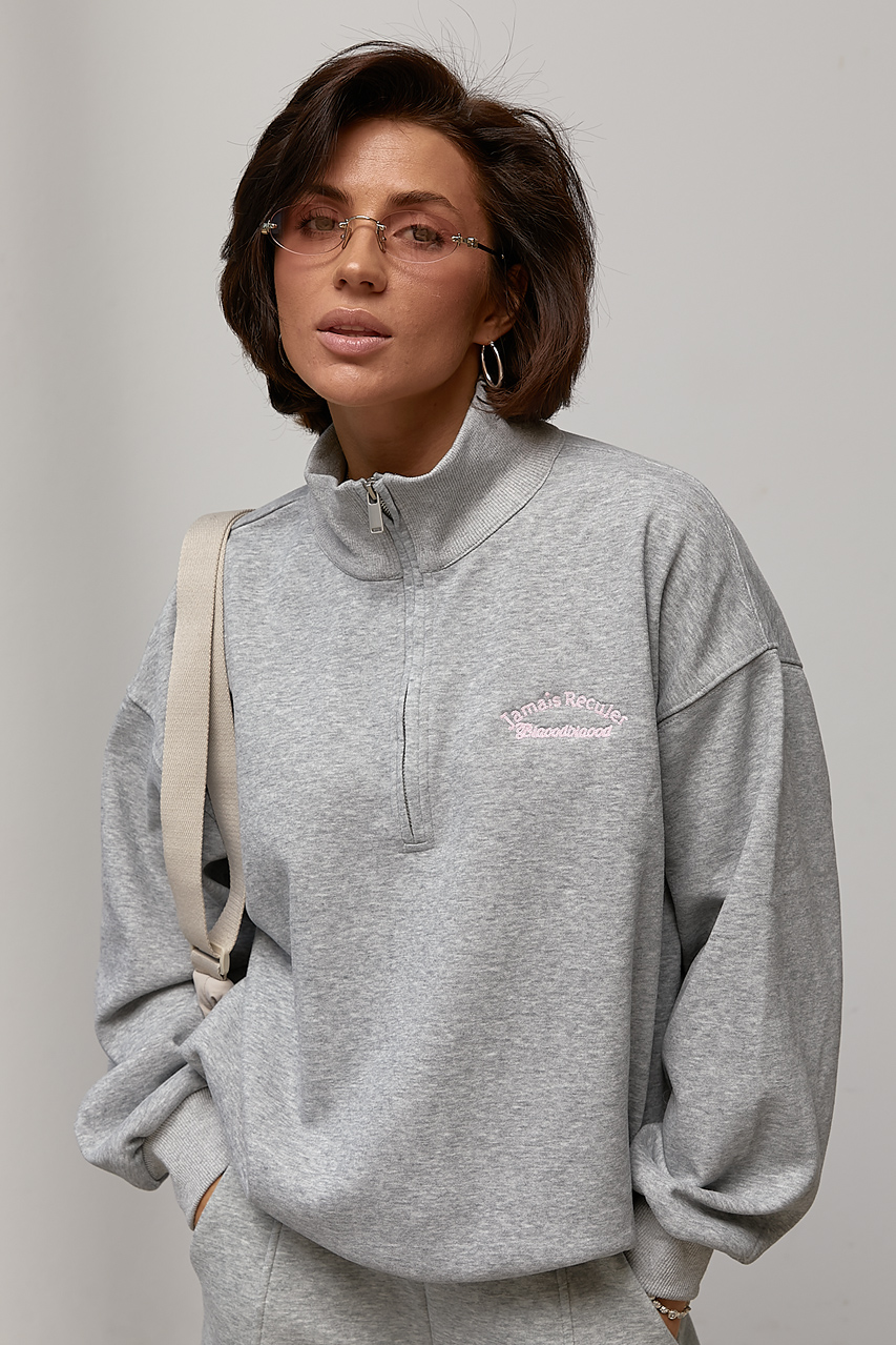 Теплий світшот oversize з коміром на блискавці - сірий колір, ONE SIZE