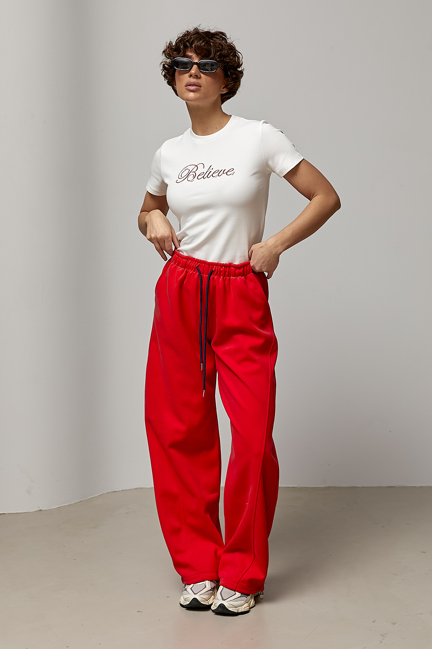 Однотонні спортивні штани із затяжками - червоний колір, ONE SIZE 2