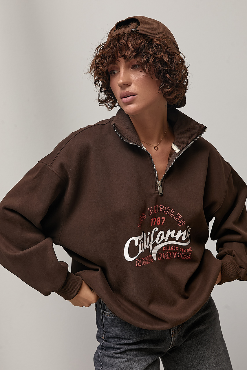 Оверсайз світшот на блискавці зі стійкою - коричневий колір, ONE SIZE 1