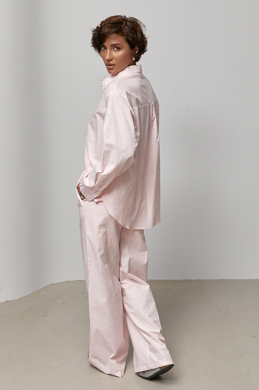 Лляний однотонний костюм із сорочки та штанів - пудра колір, ONE SIZE 1