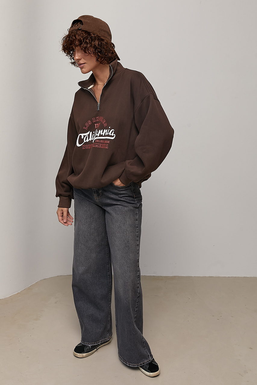 Оверсайз світшот на блискавці зі стійкою - коричневий колір, ONE SIZE 3