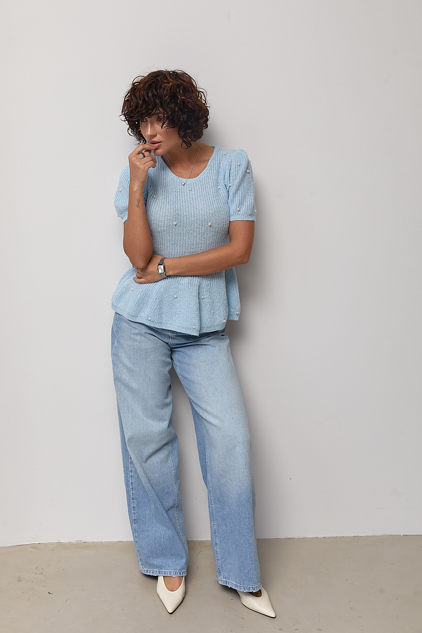 В'язана кофта з баскою та перлинами - блакитний колір, ONE SIZE 2
