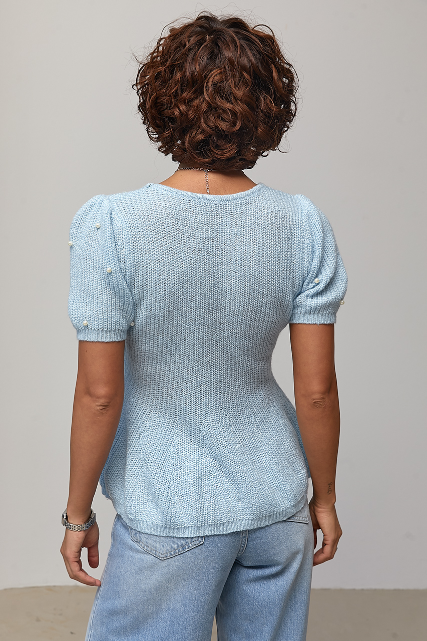 В'язана кофта з баскою та перлинами - блакитний колір, ONE SIZE 1