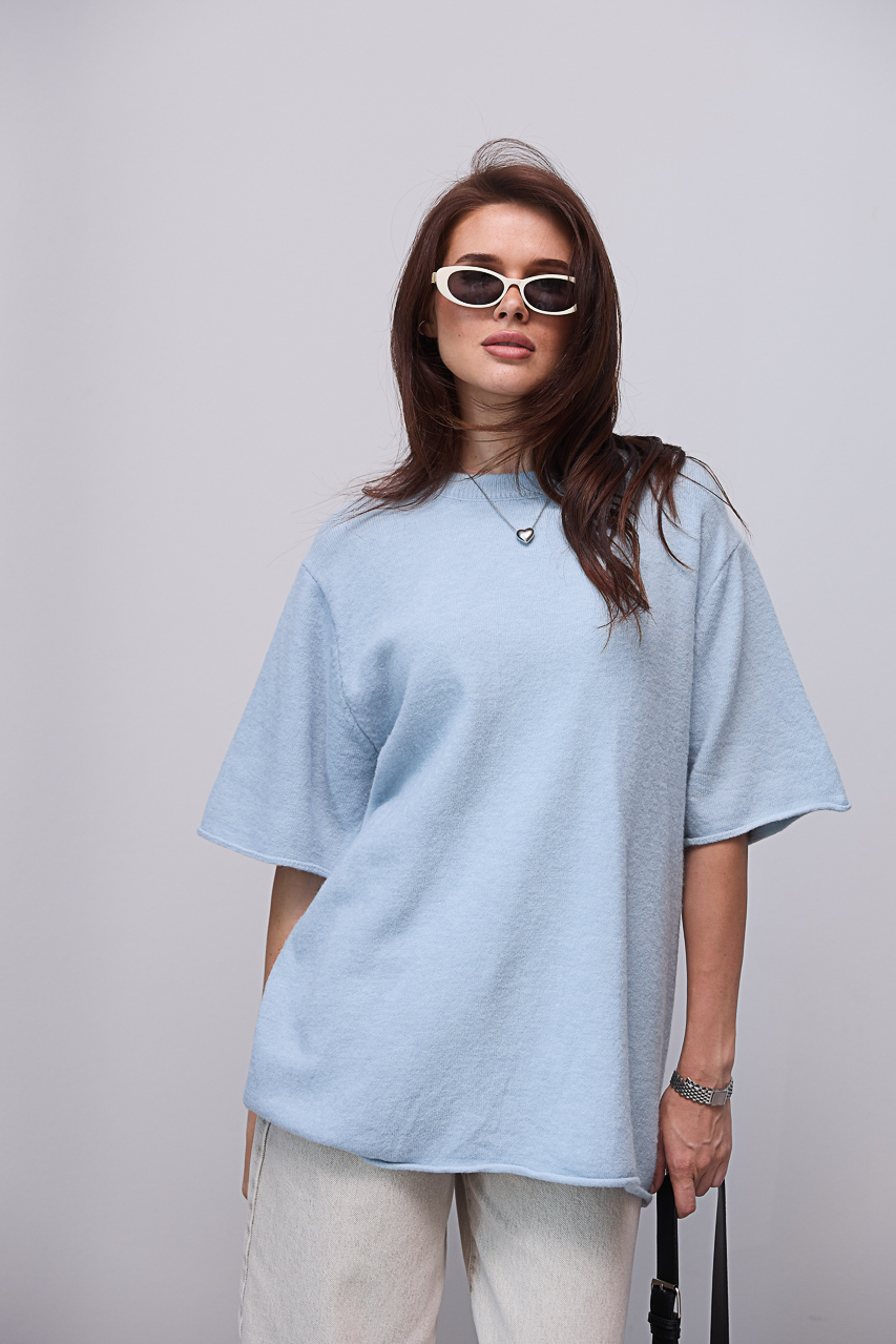 В'язана кофта oversize з коротким рукавом - блакитний колір, ONE SIZE