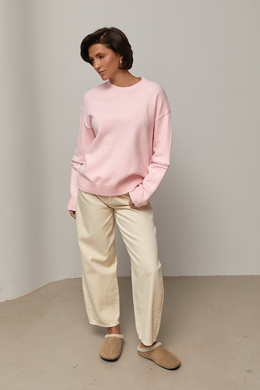 Джемпер oversize з декоративними блискавками на рукавах - рожевий колір, ONE SIZE 2