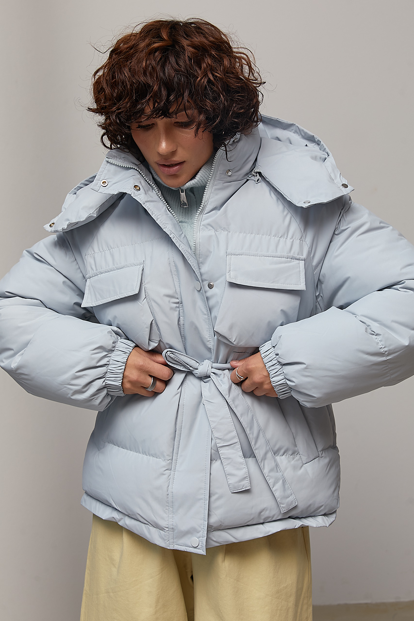 Стьобана куртка з поясом та капюшоном - сірий колір, ONE SIZE 2