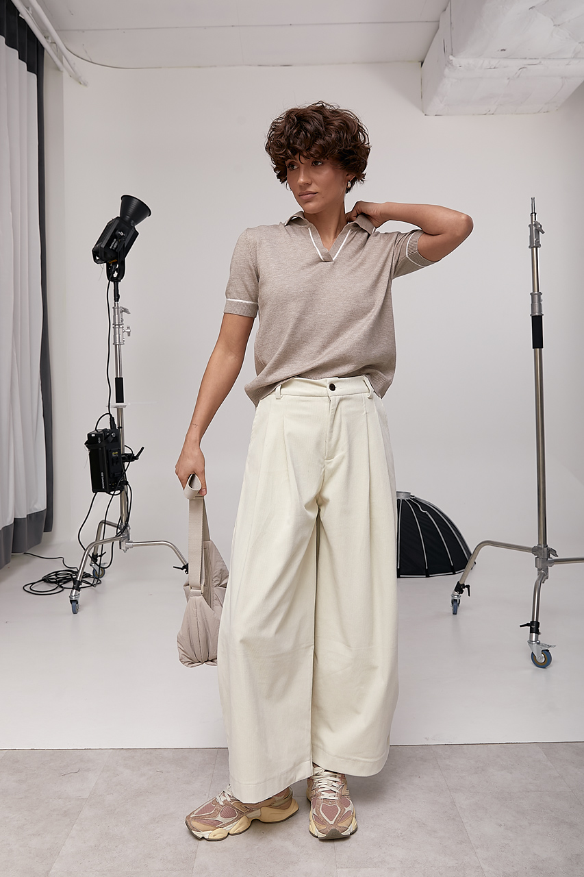 Вельветові укорочені широкі штани - бежевий колір, L 2