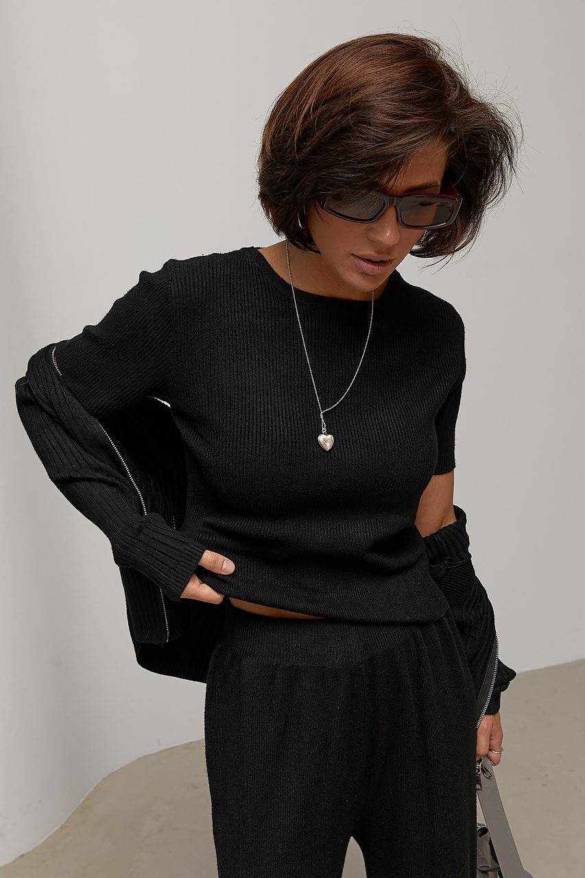 В’язаний костюм-трійка з кардиганом на блискавці - чорний колір, ONE SIZE 2