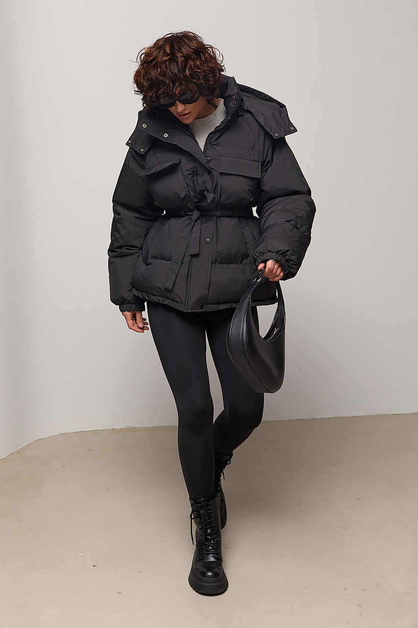 Стьобана куртка з поясом та капюшоном - чорний колір, ONE SIZE 2