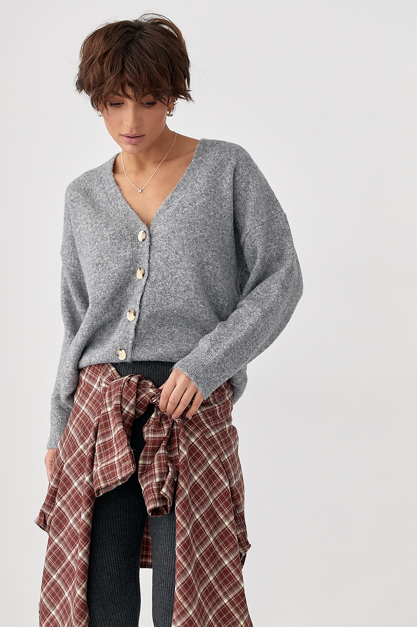 В'язаний кардиган на ґудзиках з V-подібним вирізом - сірий колір, ONE SIZE 1