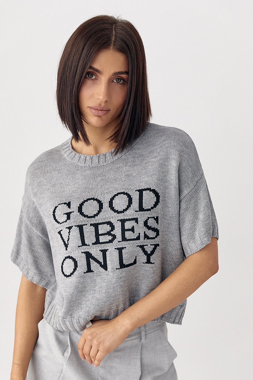 Жіноча в'язана футболка з написом - сірий колір, ONE SIZE 1