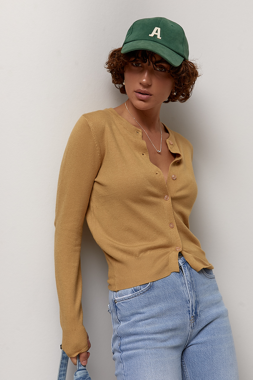 Легкий трикотажний кардиган на ґудзиках - гірчичний колір, ONE SIZE 1