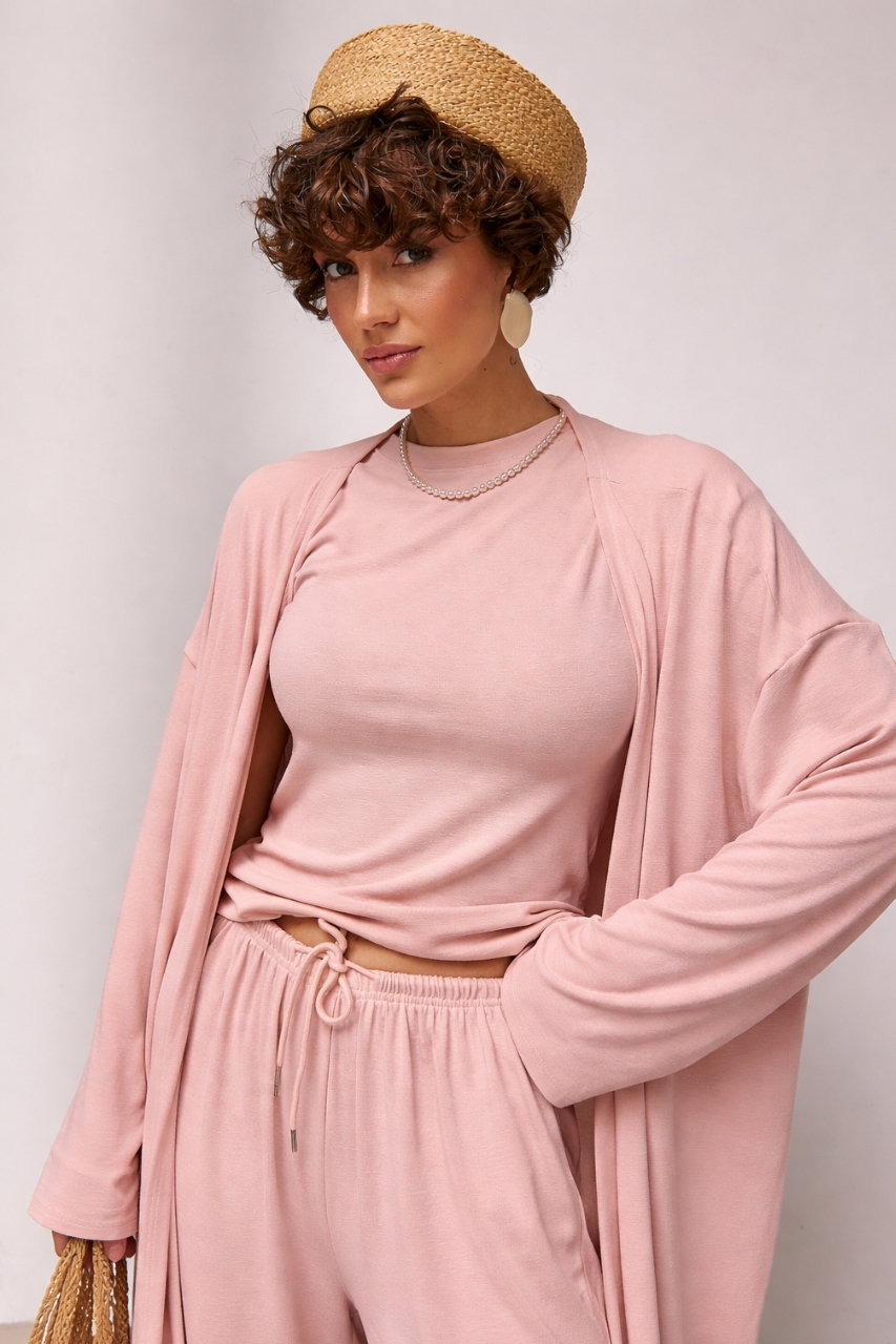 Легкий костюм із довгого кардигана, футболки та широких штанів - пудра колір, ONE SIZE 1