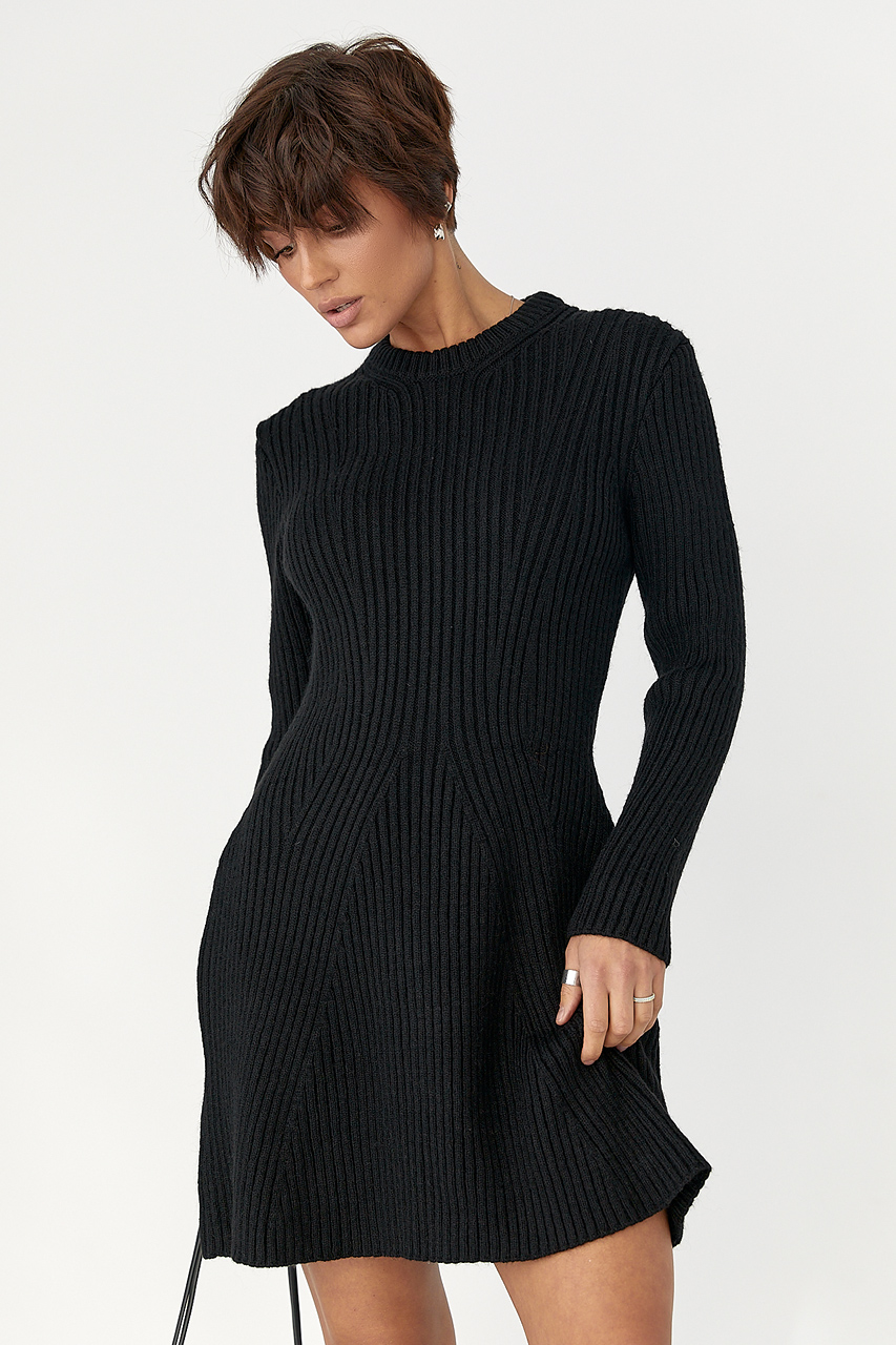 Жіноча в'язана коротка сукня в рубчик - чорний колір, ONE SIZE 3