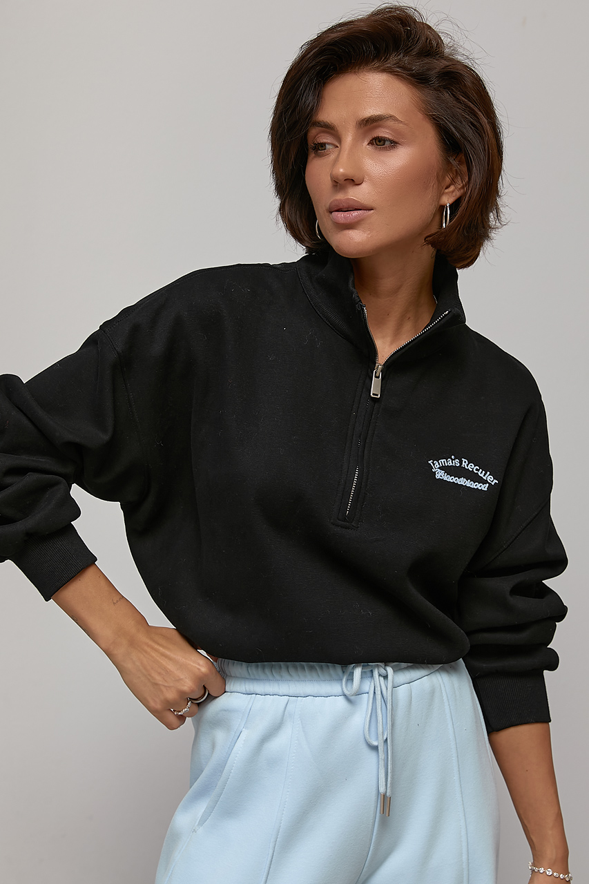 Теплий світшот oversize з коміром на блискавці - чорний колір, ONE SIZE