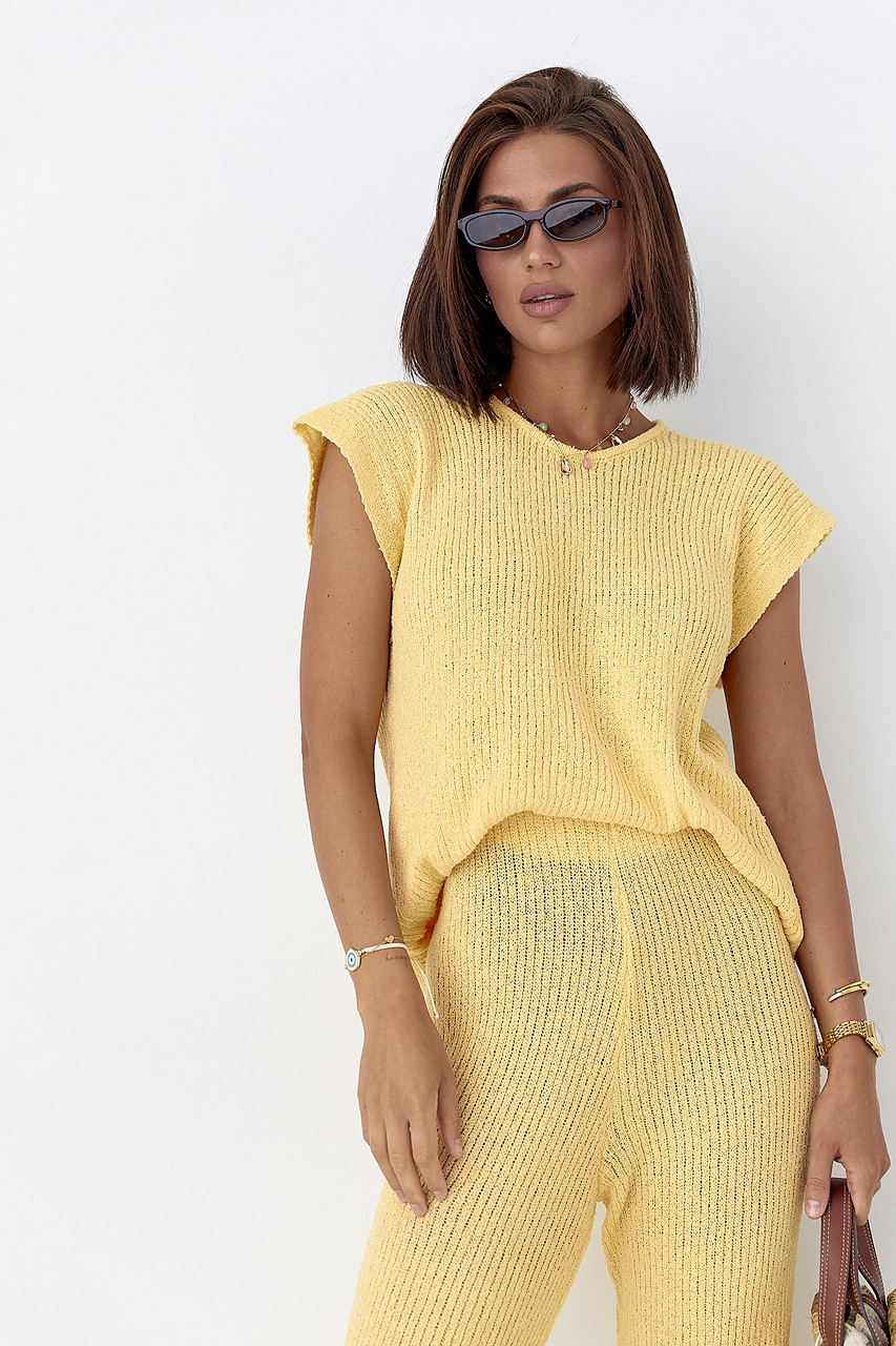 Літній в'язаний костюм із футболкою та штанами - жовтий колір, ONE SIZE 3