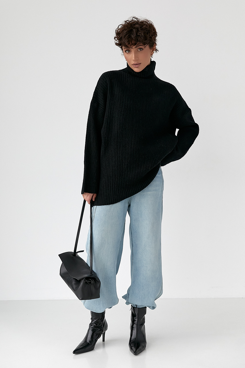 Тепла в'язана туніка в рубчик - чорний колір, ONE SIZE 3