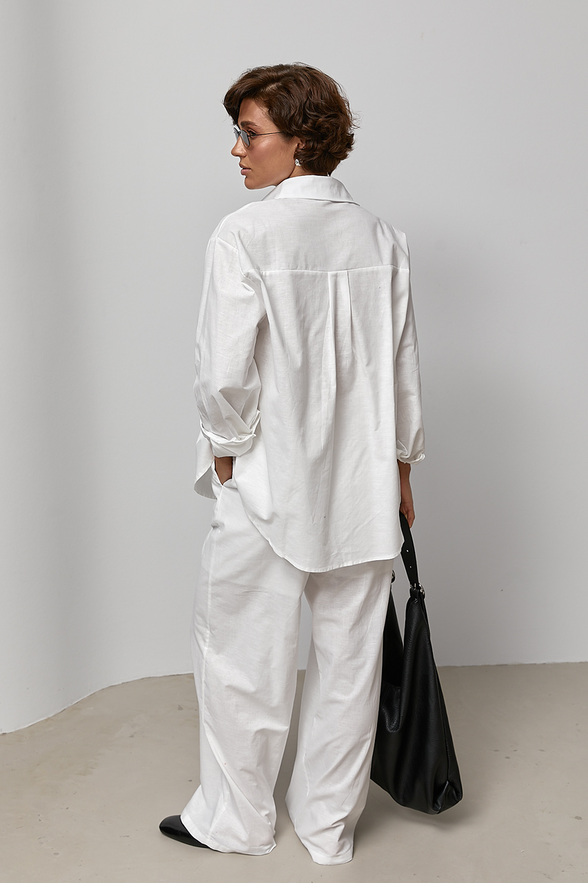 Лляний однотонний костюм із сорочки та штанів - білий колір, ONE SIZE 1