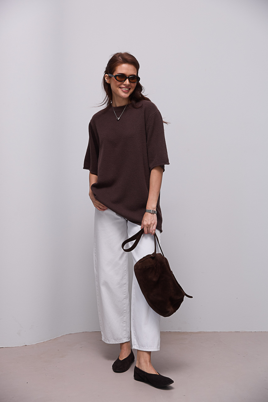 В'язана кофта oversize з коротким рукавом - коричневий колір, ONE SIZE 2