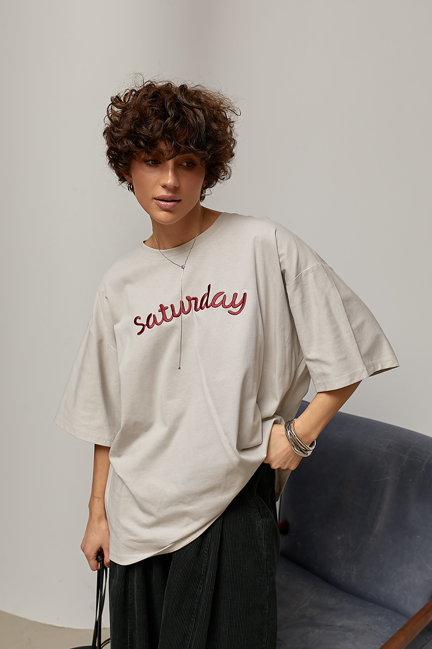 Футболка вільного фасону з написом Saturday - сірий колір, ONE SIZE 1