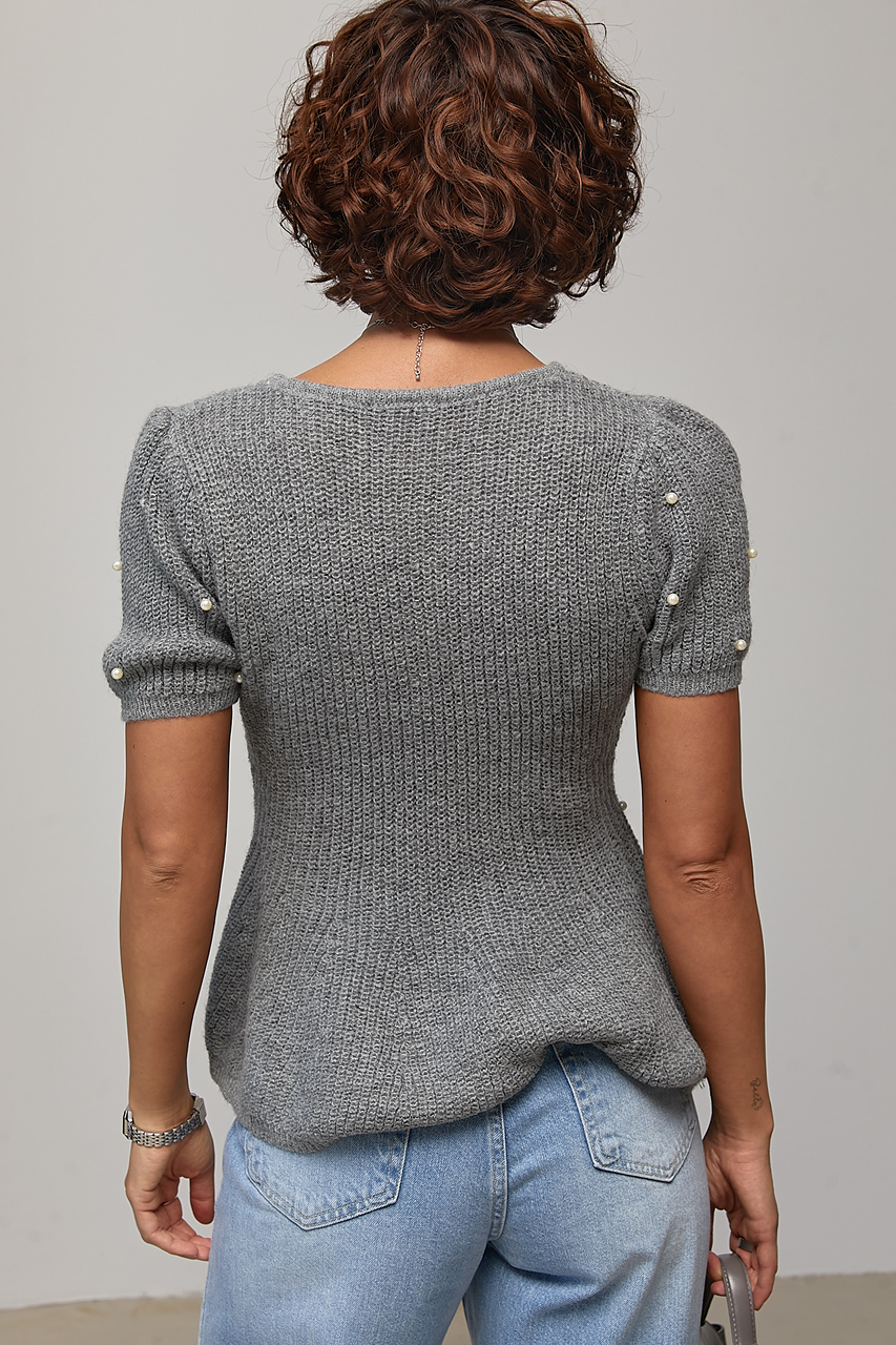 В'язана кофта з баскою та перлинами - сірий колір, ONE SIZE 1