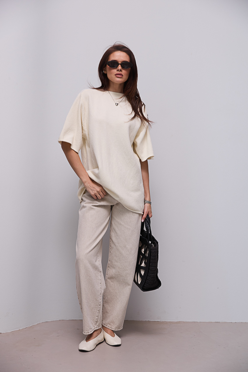 В'язана кофта oversize з коротким рукавом - молочний колір, ONE SIZE 2
