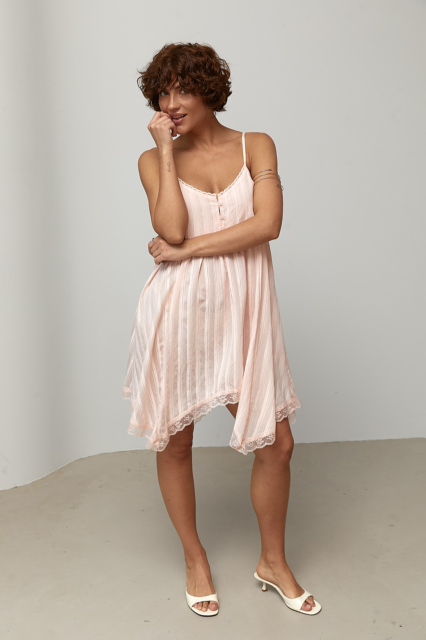Короткий сарафан у смужку на бретелях - пудра колір, ONE SIZE 1