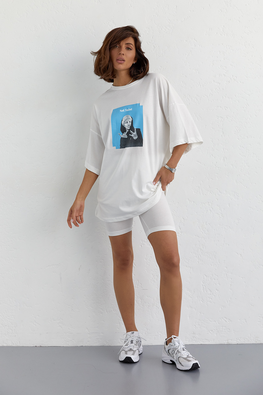 Костюм з футболкою oversize та велосипедками - молочний колір, S