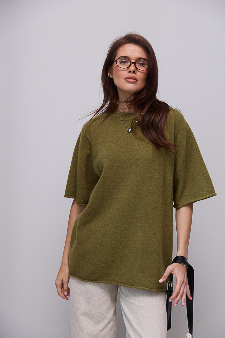 В'язана кофта oversize з коротким рукавом - хакі колір, ONE SIZE