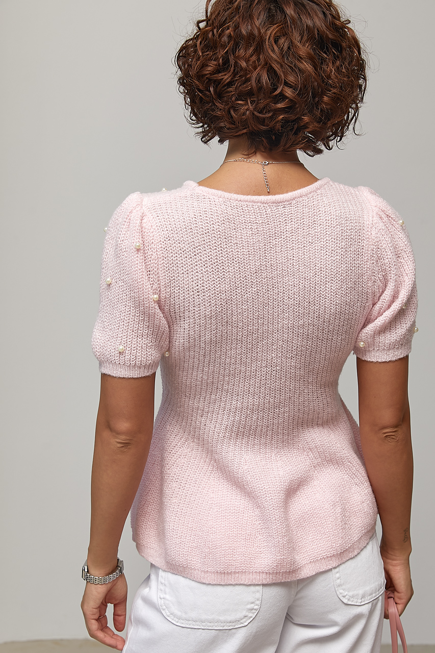 В'язана кофта з баскою та перлинами - рожевий колір, ONE SIZE 1
