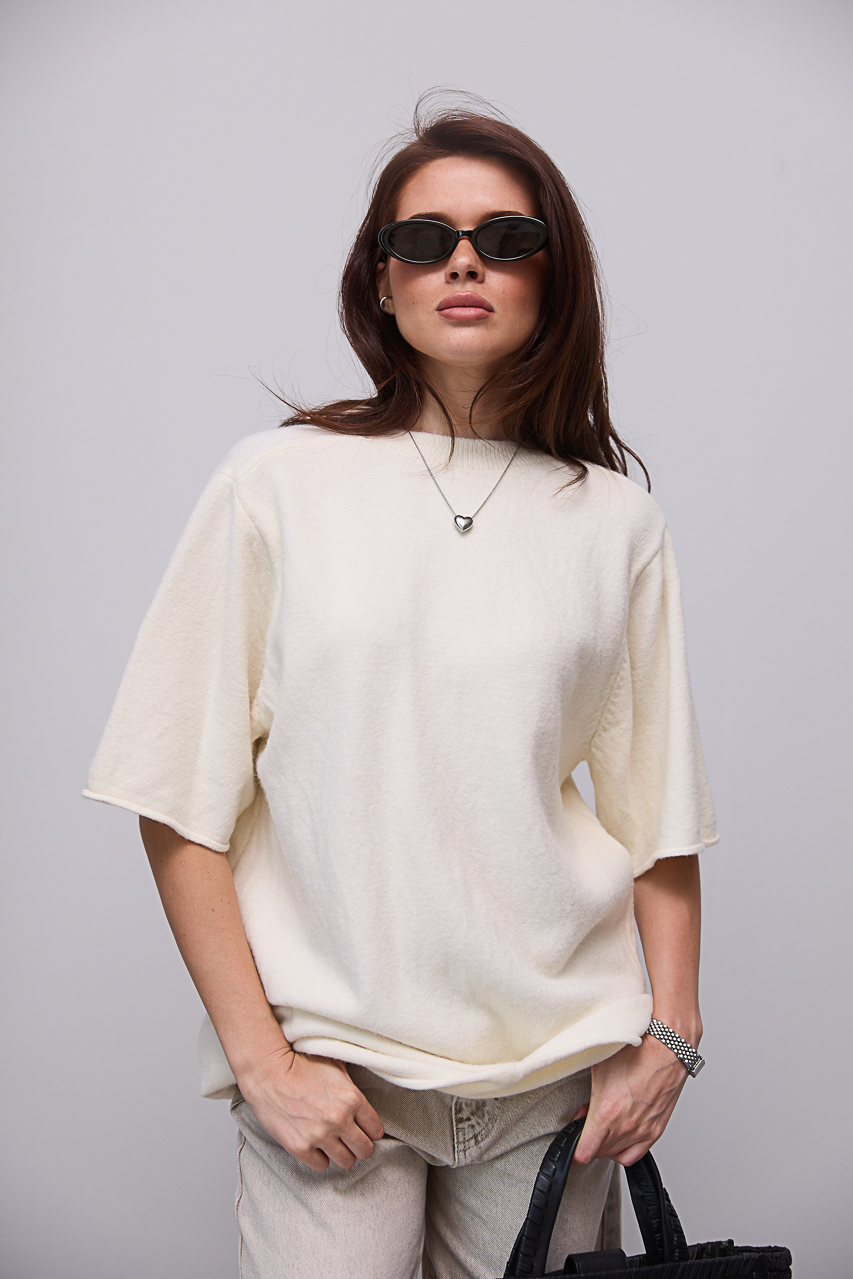 В'язана кофта oversize з коротким рукавом - молочний колір, ONE SIZE
