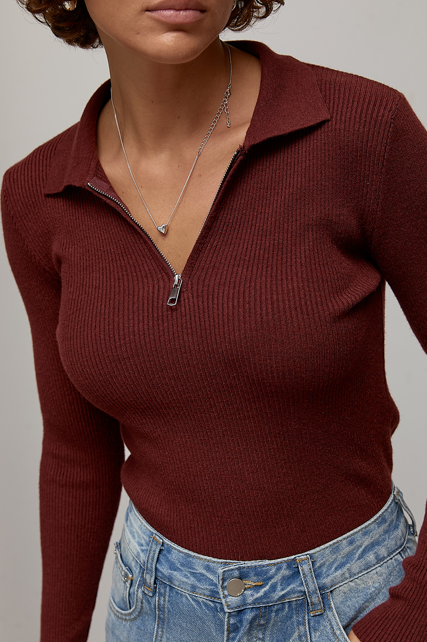 Трикотажна кофта-поло на блискавці - бордо колір, ONE SIZE 2