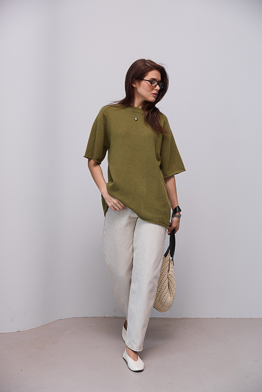 В'язана кофта oversize з коротким рукавом - хакі колір, ONE SIZE 2