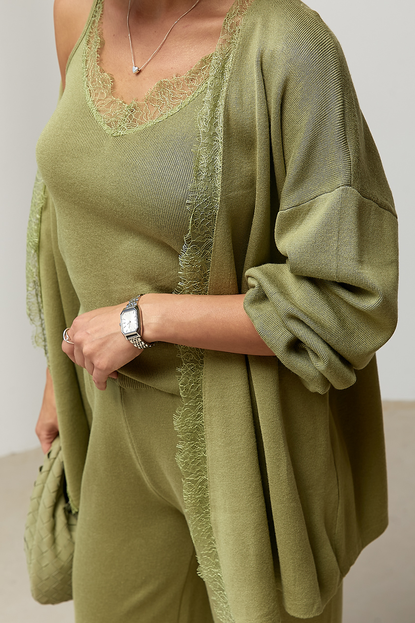 Трикотажний костюм із кардиганом, топом та штанами - хакі колір, ONE SIZE 2