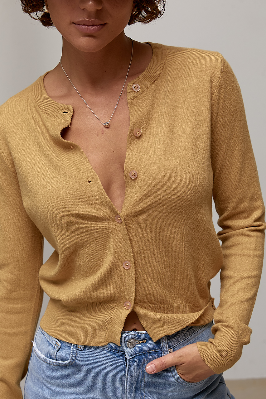 Легкий трикотажний кардиган на ґудзиках - гірчичний колір, ONE SIZE 2