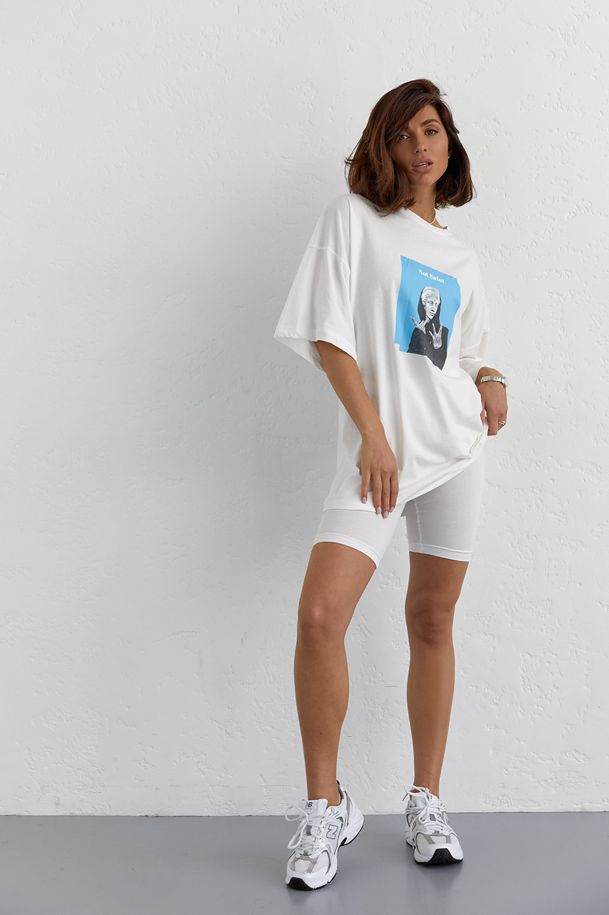Костюм з футболкою oversize та велосипедками - молочний колір, S 1
