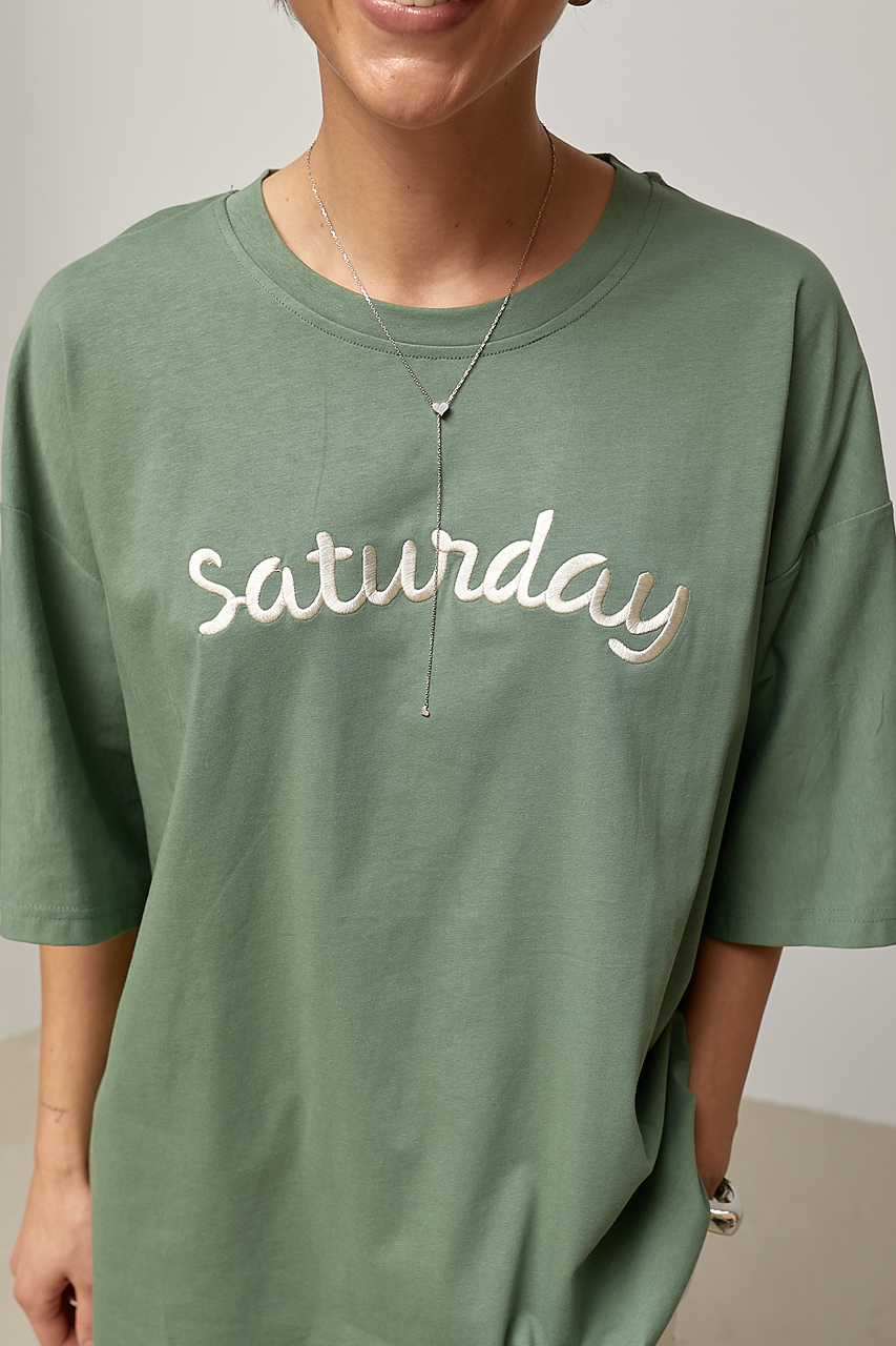 Футболка вільного фасону з написом Saturday - зелений колір, ONE SIZE 2
