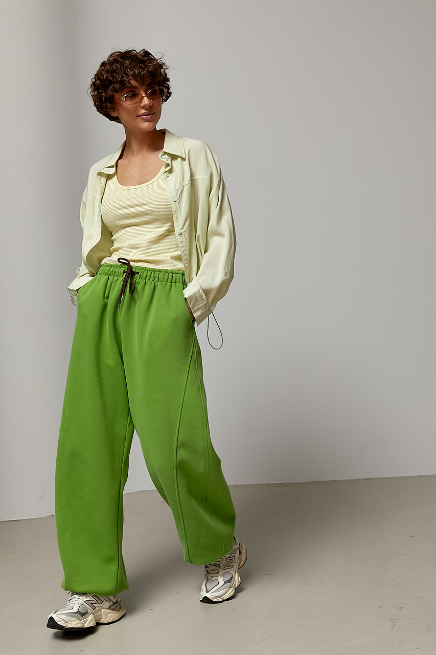 Однотонні спортивні штани із затяжками - зелений колір, ONE SIZE 2