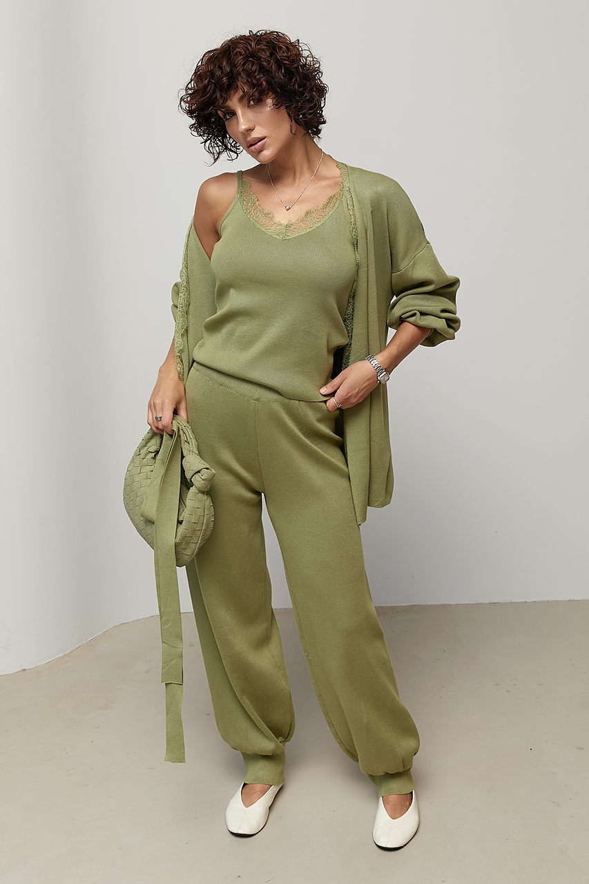 Трикотажний костюм із кардиганом, топом та штанами - хакі колір, ONE SIZE 1