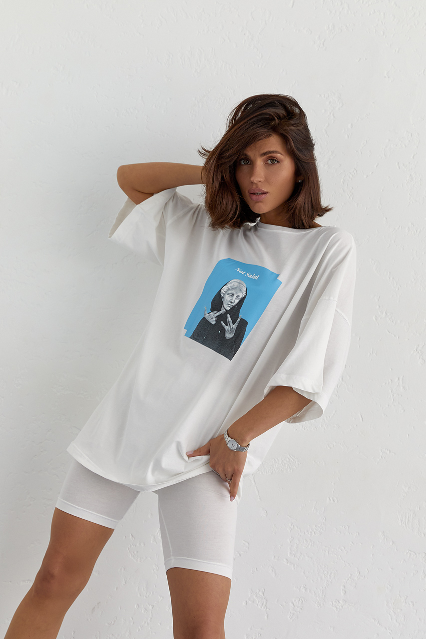 Костюм з футболкою oversize та велосипедками - молочний колір, S 3