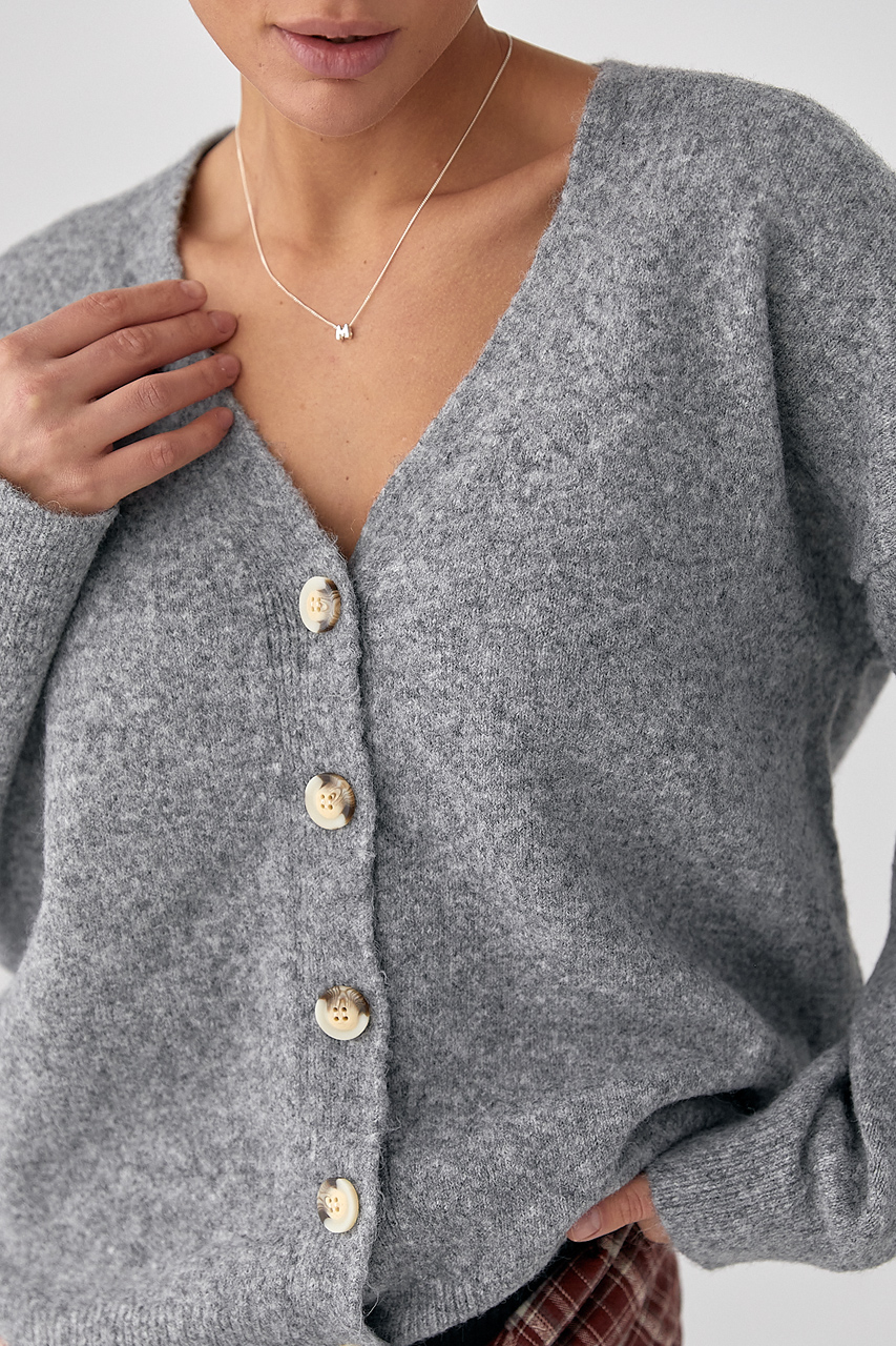 В'язаний кардиган на ґудзиках з V-подібним вирізом - сірий колір, ONE SIZE 2