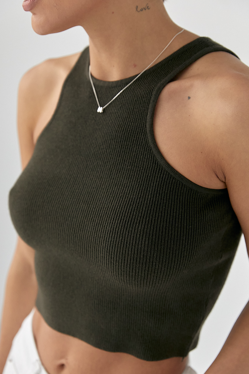 В'язана коротка майка в рубчик - хакі колір, ONE SIZE 2