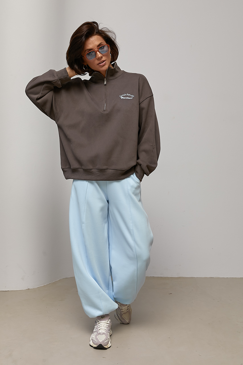 Теплий світшот oversize з коміром на блискавці - кавовий колір, ONE SIZE 3