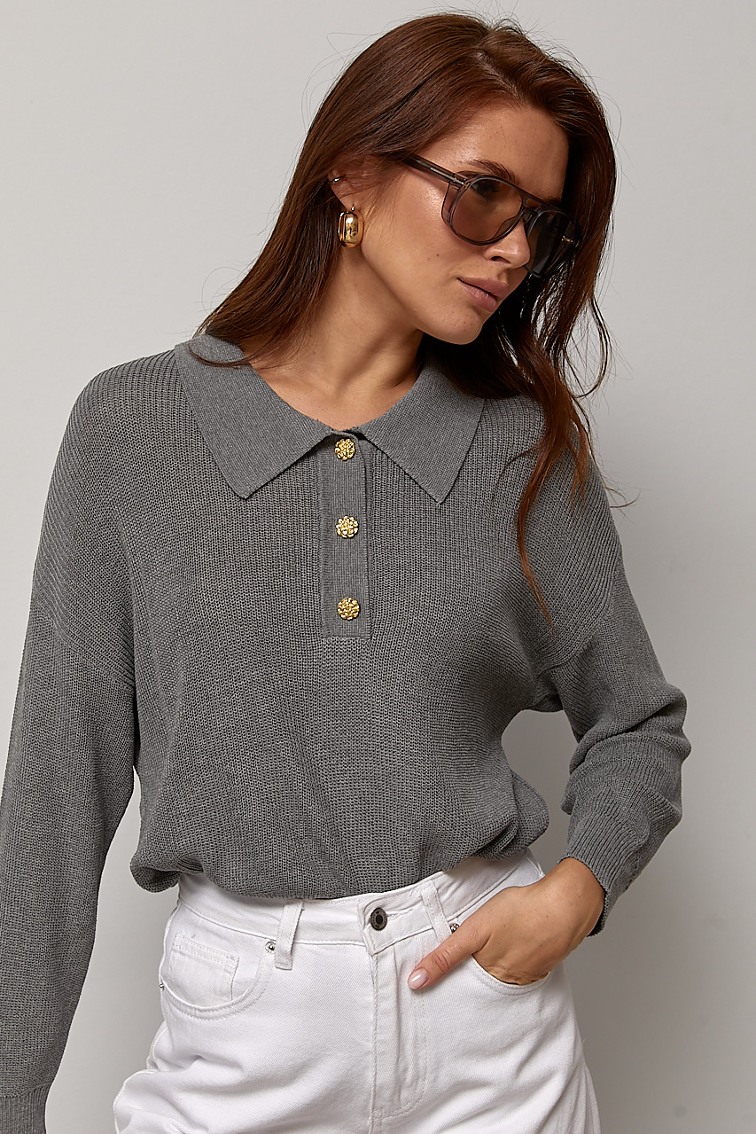 В’язана кофта-поло з декоративними ґудзиками - сірий колір, ONE SIZE 1