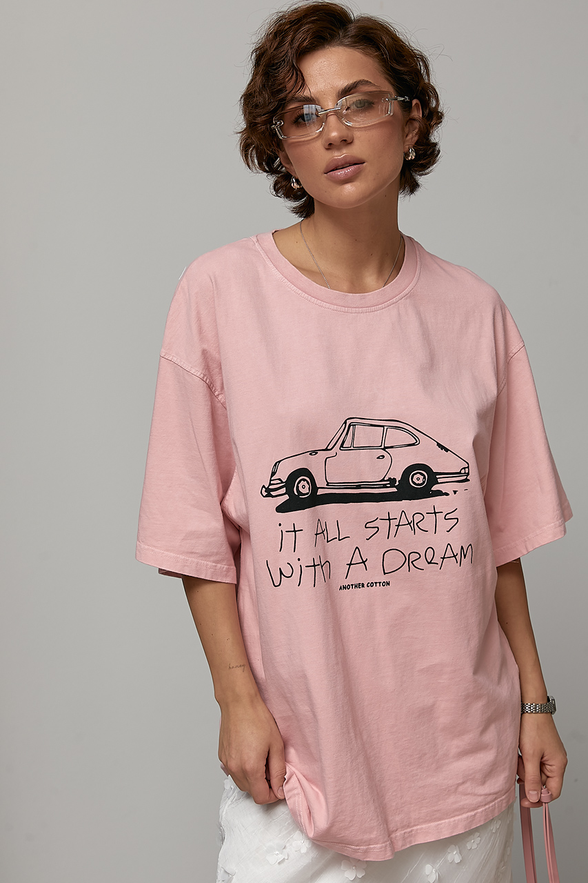 Оверсайз футболка з принтом авто і написами - пудра колір, ONE SIZE 1
