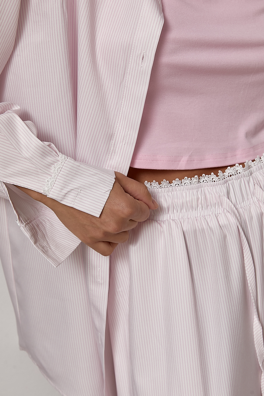 Смугастий костюм із сорочки та штанів палаццо - пудра колір, ONE SIZE 2