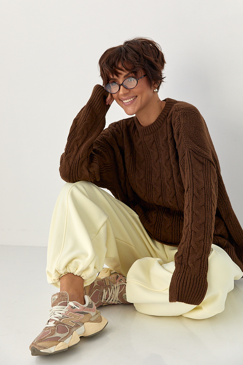 Вільна в'язана кофта в косички - коричневий колір, ONE SIZE 3
