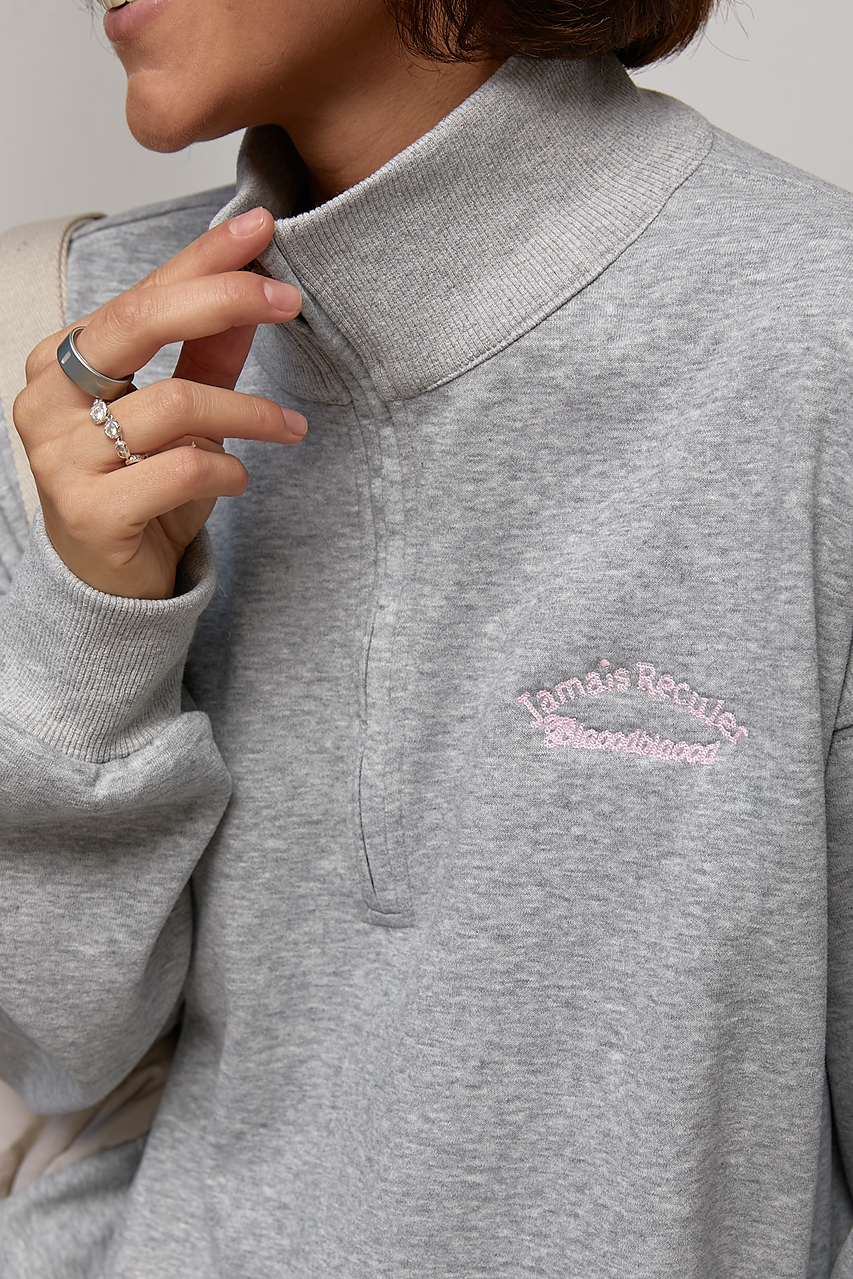 Теплий світшот oversize з коміром на блискавці - сірий колір, ONE SIZE 3
